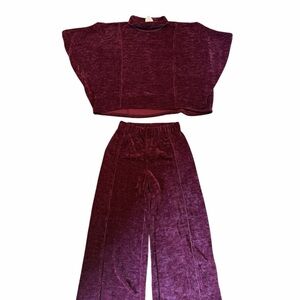Umgee Corduroy Lounge Set Burgundy Ribbed Poncho Top & Wide Leg Pants Size M